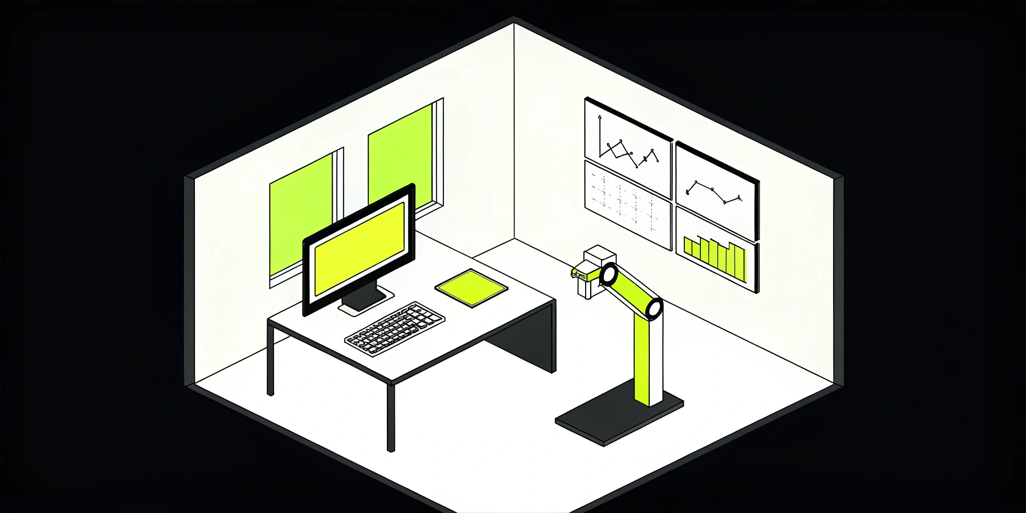 Custom AI solution for financial services with robotic arm and charts.