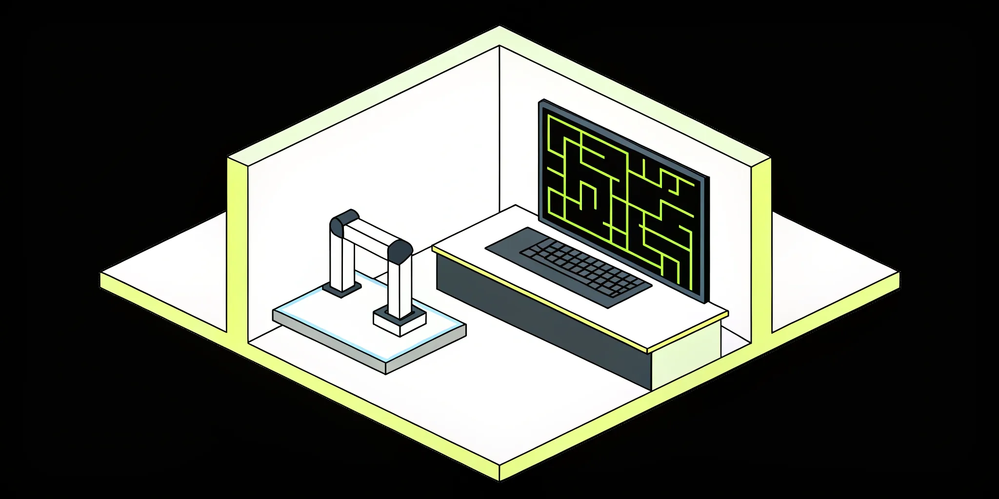 Machine learning production setup with robotic arm and computer.