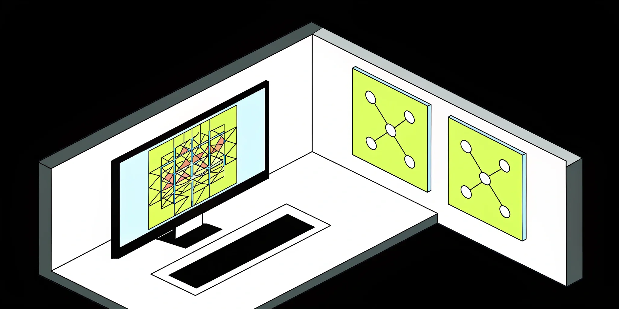 Predictive analytics vs. machine learning network diagrams on a computer screen.