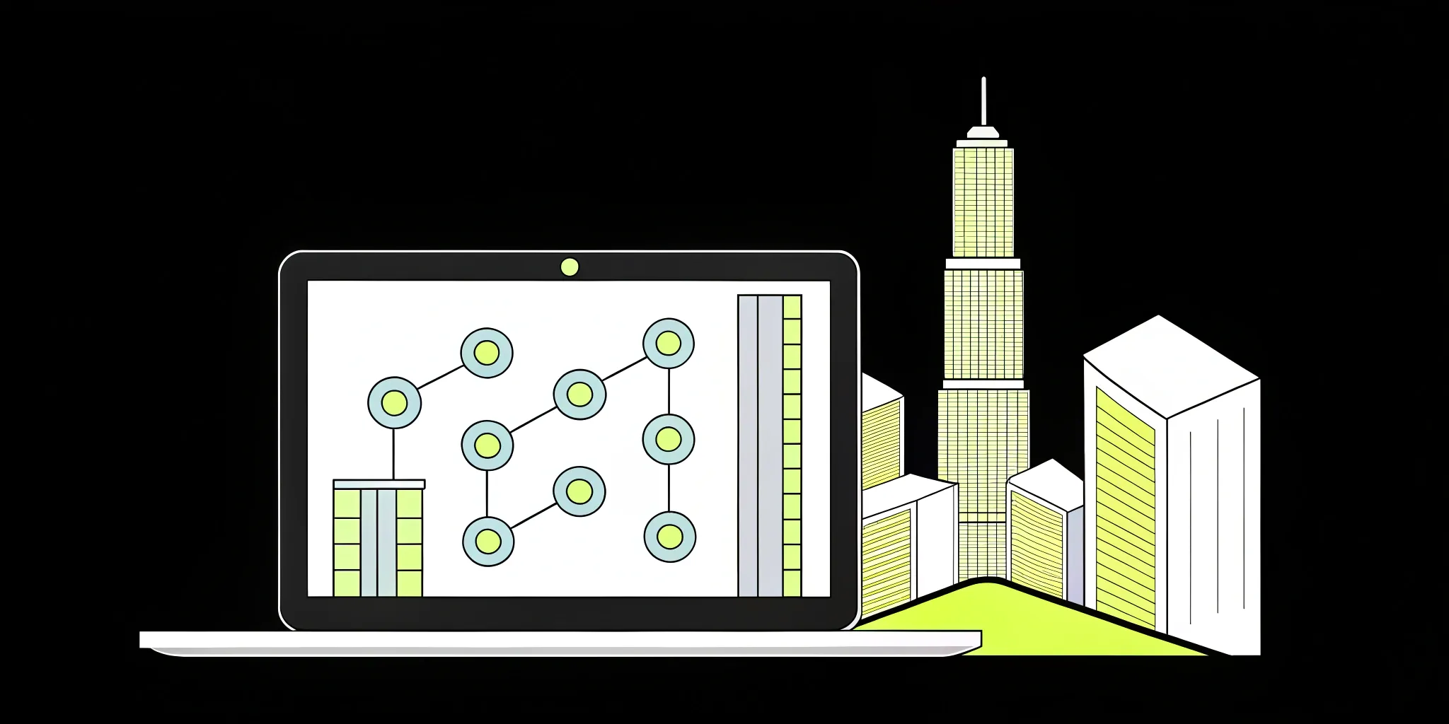 AI network diagram on laptop with city backdrop.