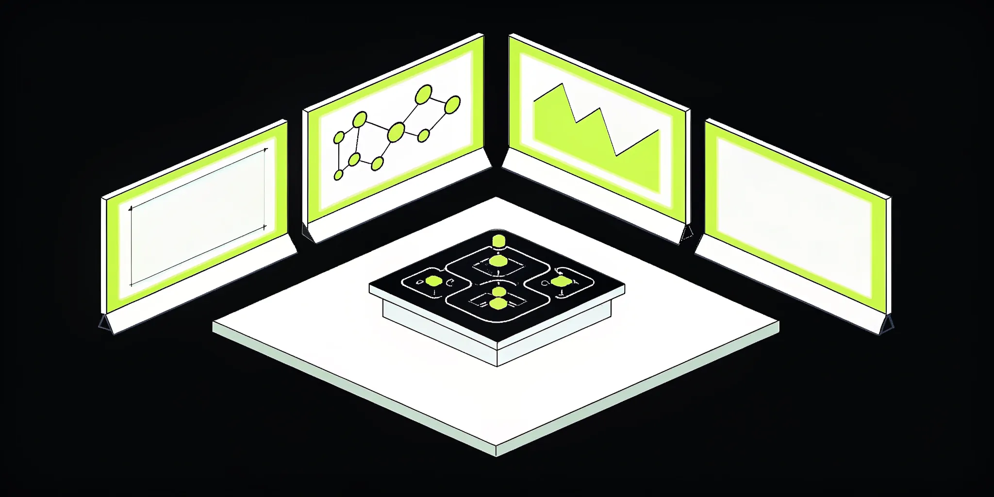 An AI governance framework with data dashboards showing analytics and network connections.