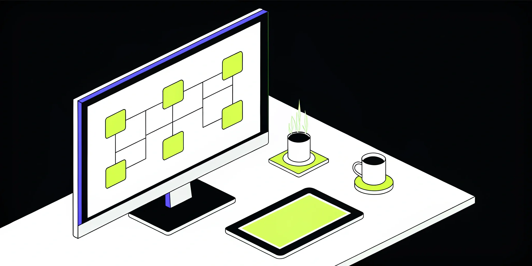 ETL process flowchart on a computer screen with a tablet and coffee nearby.