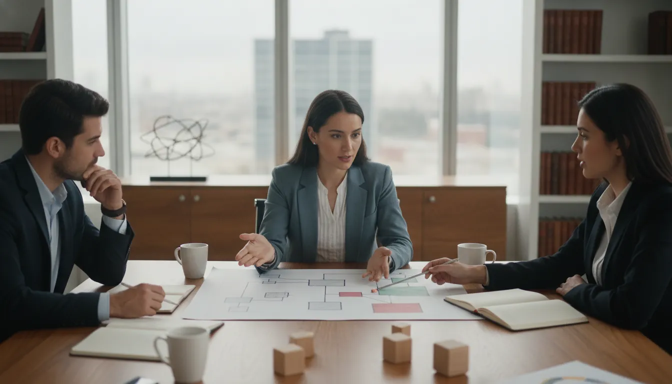 Small consulting team reviewing a client project and managing professional risk