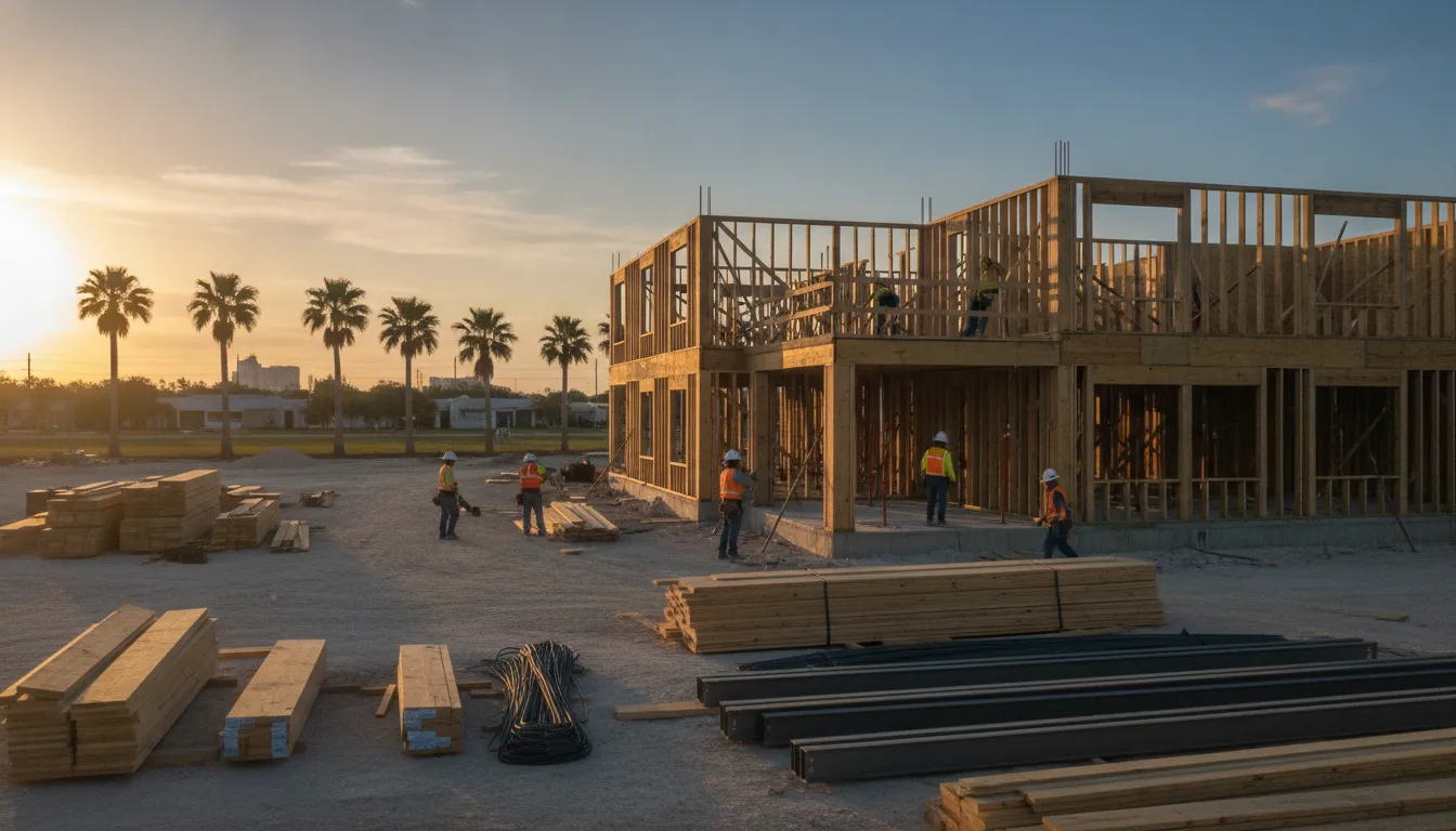 Construction crew framing a Florida building under builders risk insurance coverage