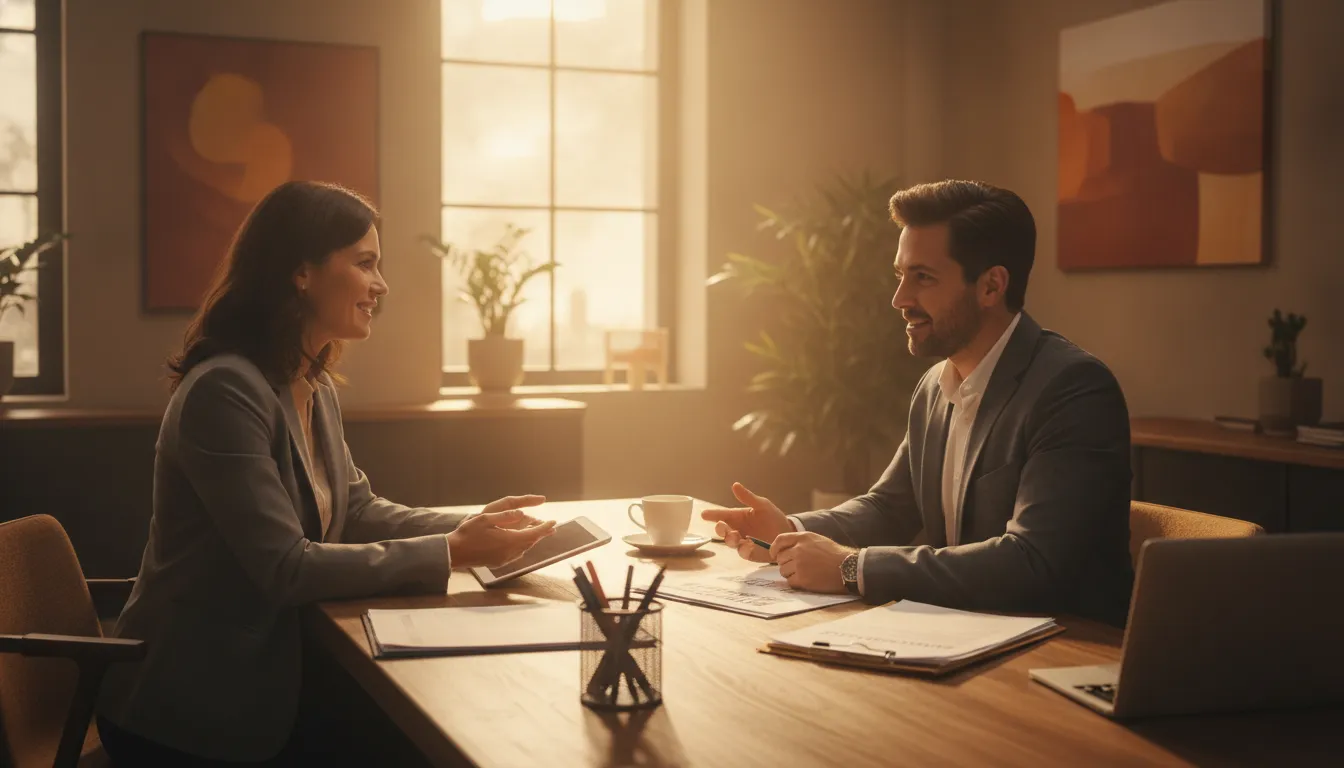 Small business owner discussing insurance coverage options with a broker in a professional office setting