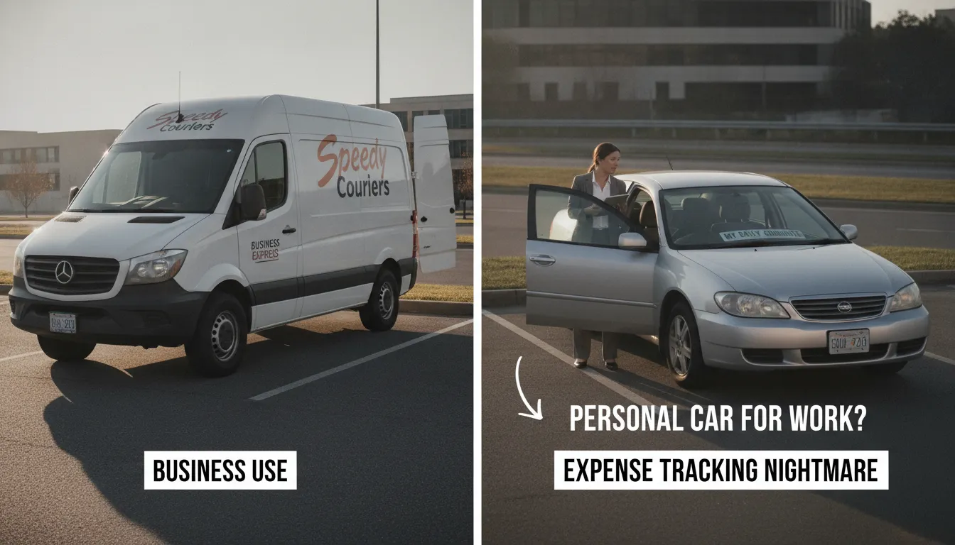 Side by side comparison of a commercial delivery truck and a personal sedan used for business errands