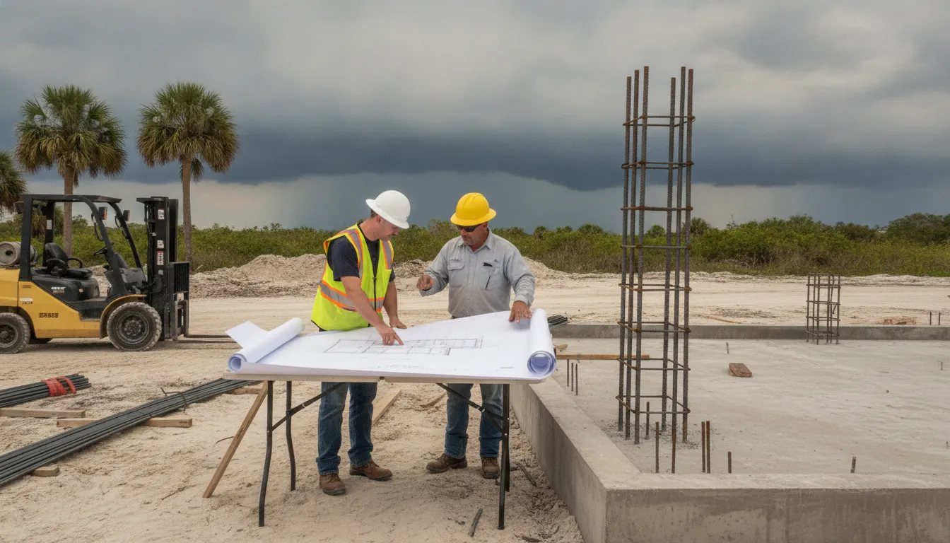 Project manager reviewing builders risk insurance plans at a Florida job site