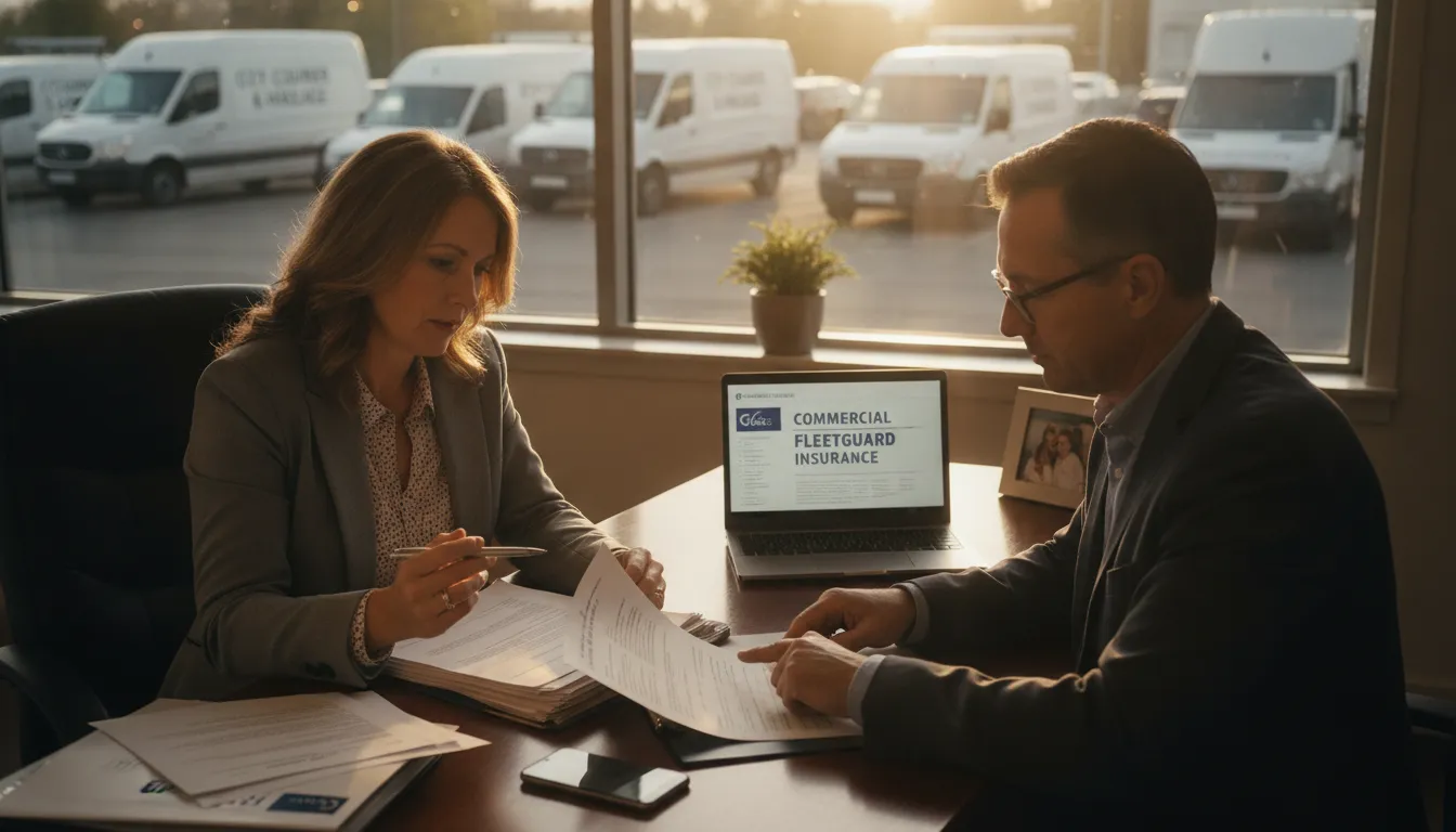 Small business owner reviewing fleet insurance paperwork with commercial vans visible through office window