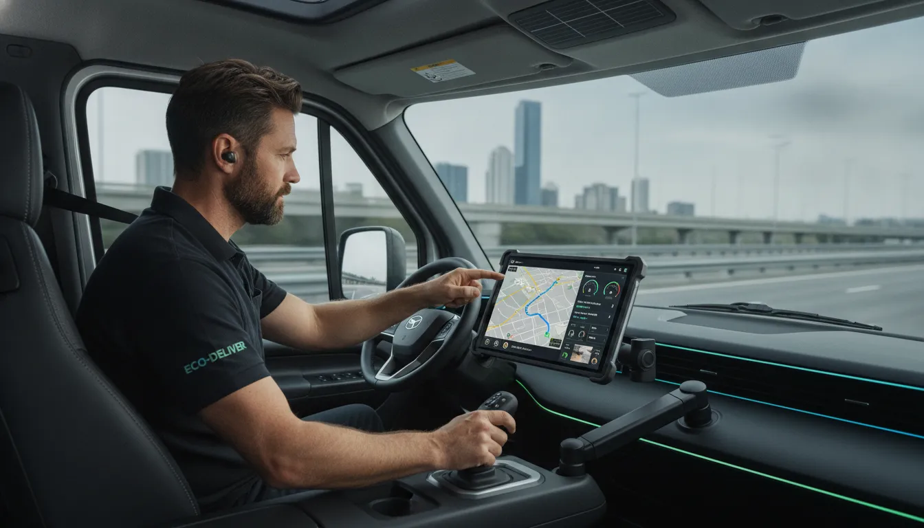 Commercial truck driver using tablet dashboard with GPS fleet tracking and safety telematics system inside van cab