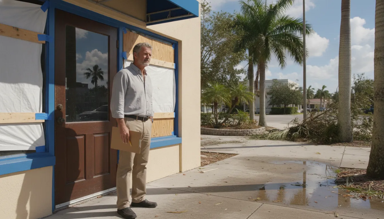 Florida small business storefront closed after storm damage, owner standing outside