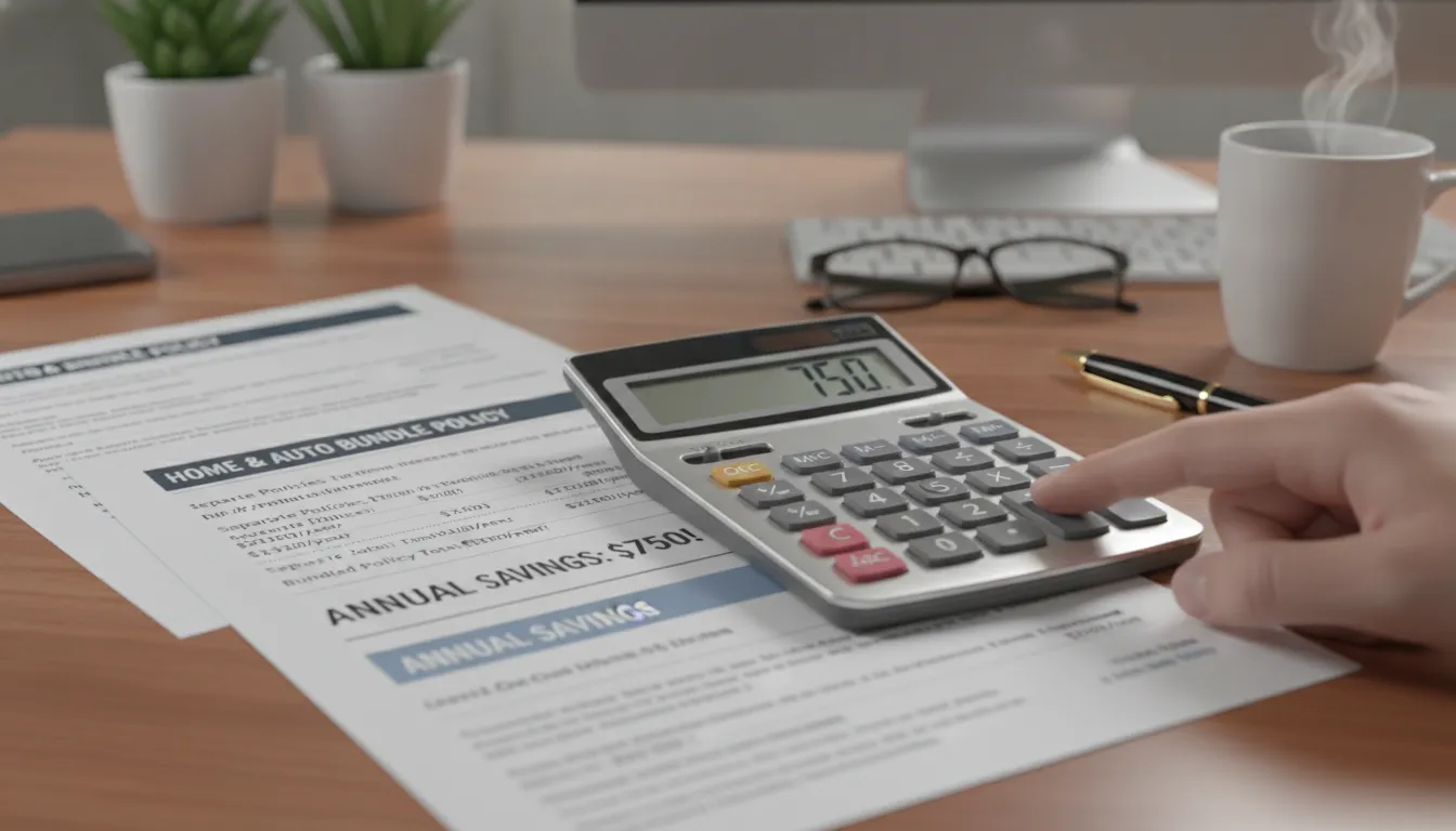 Insurance policy documents and calculator on a desk showing bundled coverage savings comparison
