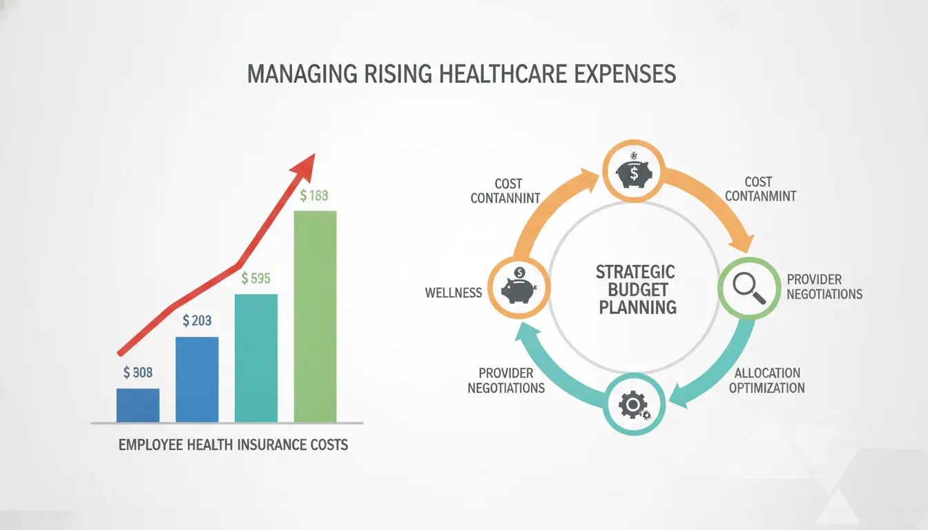 A data chart illustration showing rising employee health insurance costs and strategic budget planning