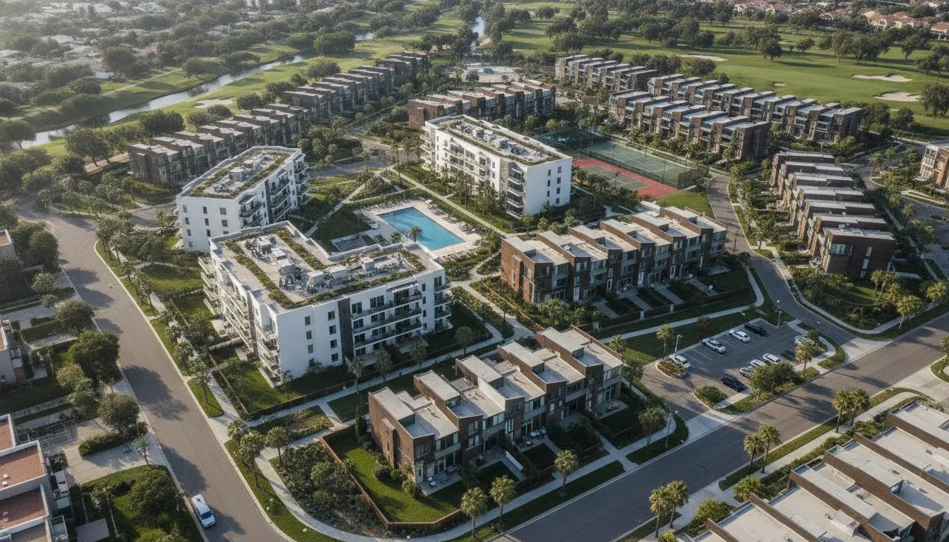 Aerial shot of modern residential real estate buildings representing a property portfolio