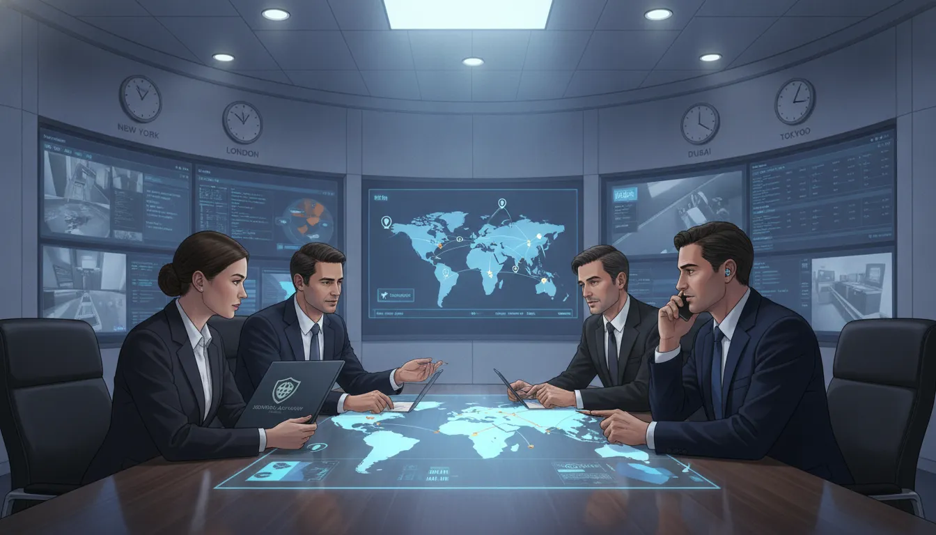 Corporate crisis response team coordinating an international travel security incident