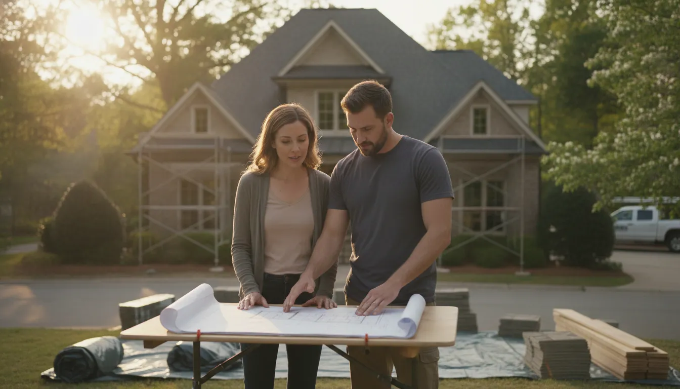 Homeowner reviewing a Georgia roof replacement financing plan with a roofing professional