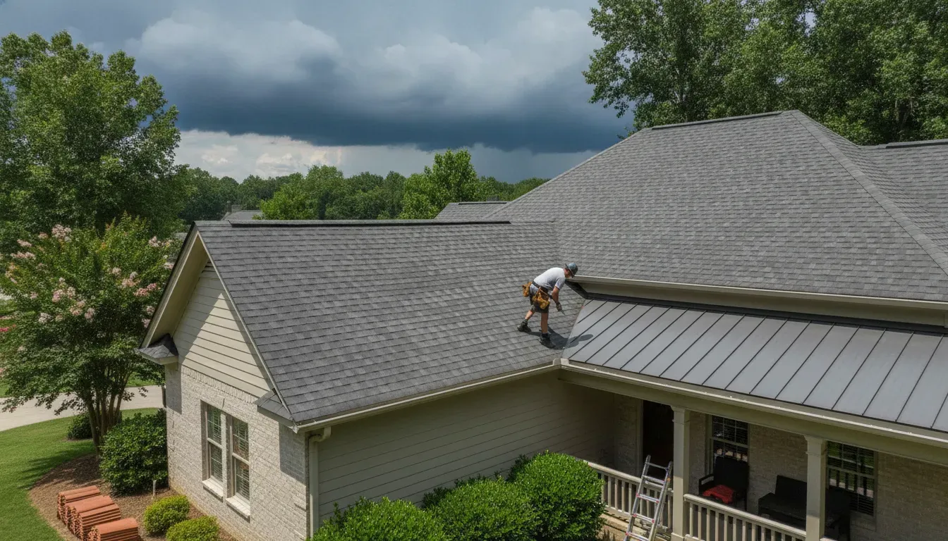 North Georgia home with asphalt and standing seam metal roofing under summer storm clouds