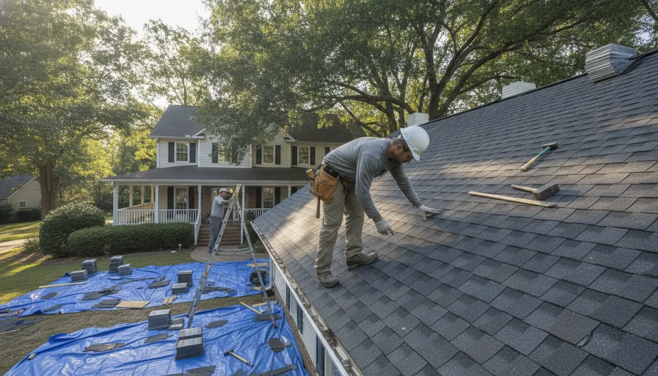 Roofing professional inspecting shingle installation on a Georgia home