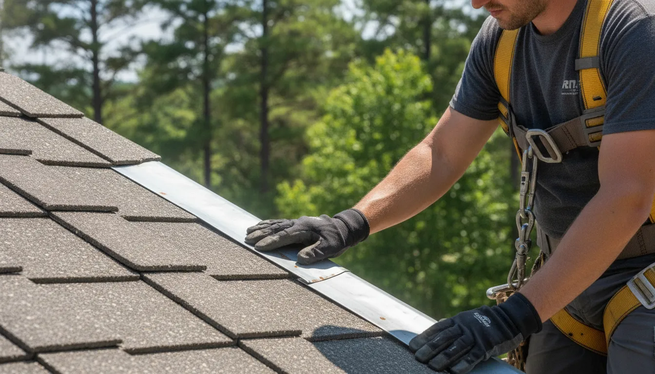 Roofer inspecting concrete roof tiles and flashing on a North Georgia home