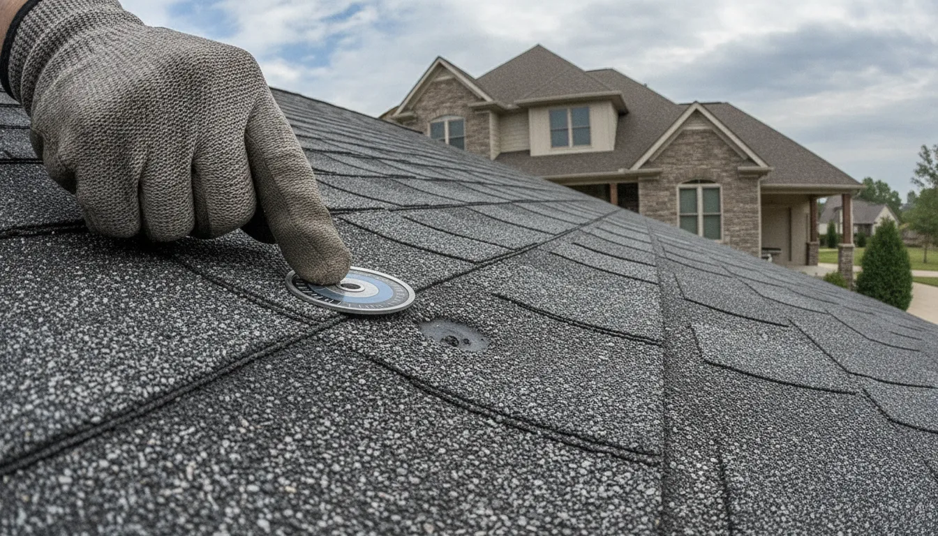 Inspector documenting a hail impact on asphalt shingles