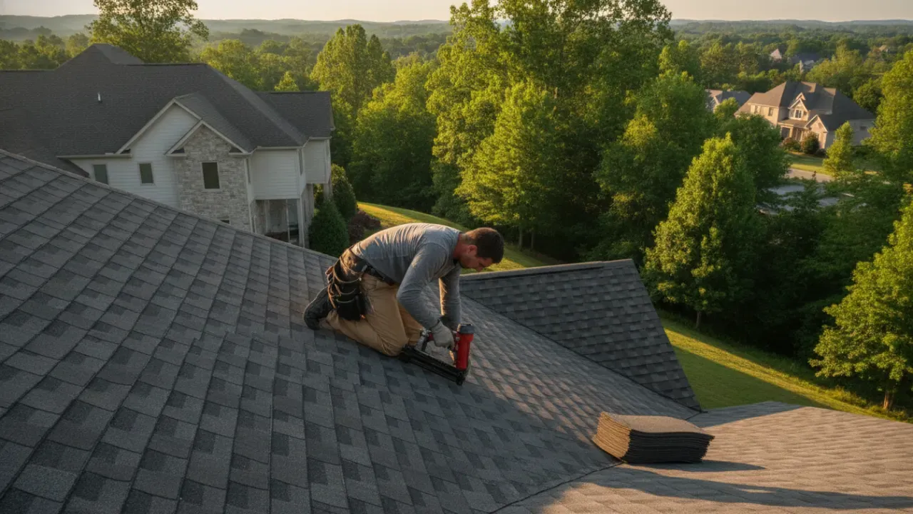 Roofer installing shingles during a residential roof replacement in Georgia