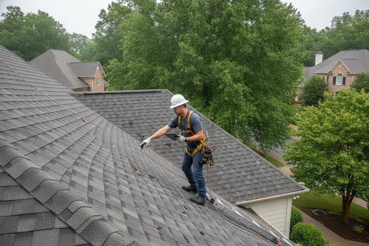 Roofing professional documenting shingle condition during a hail roof inspection