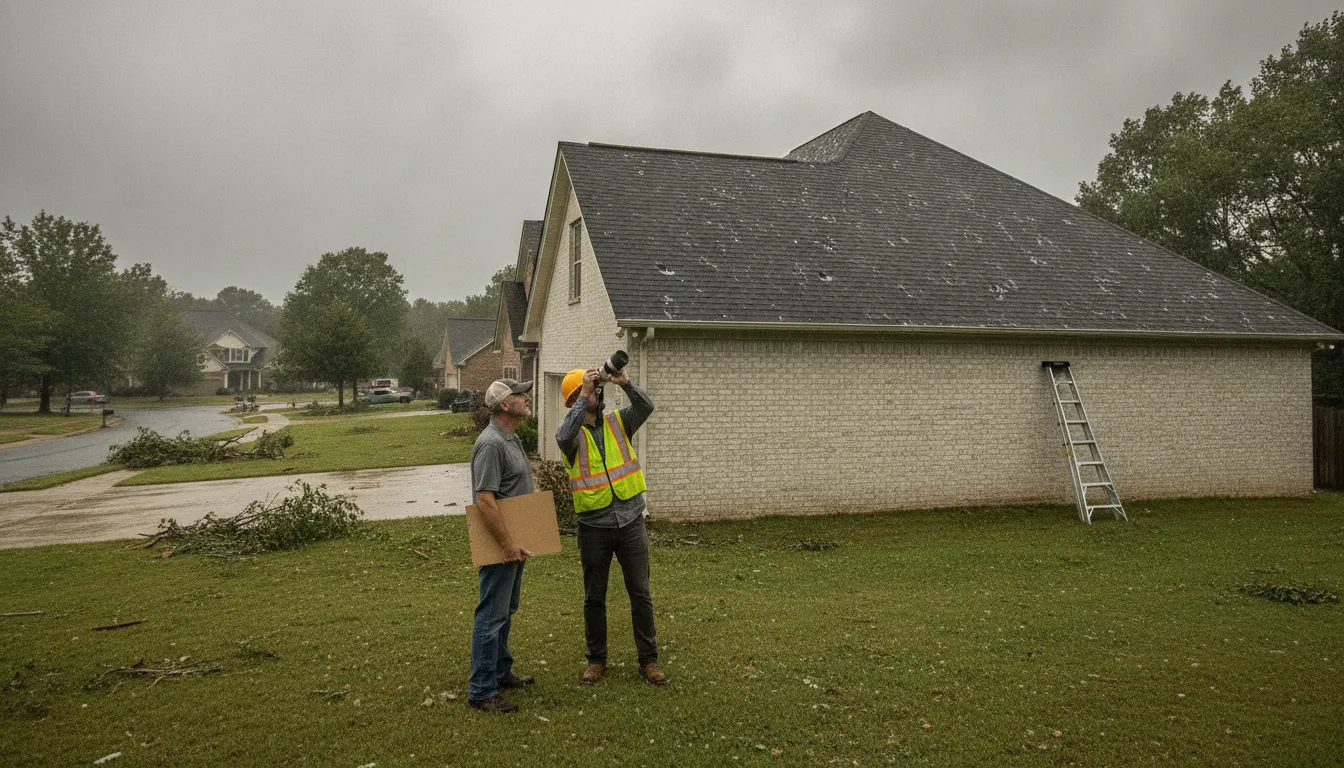 Roofer documenting storm damage on a Georgia home roof