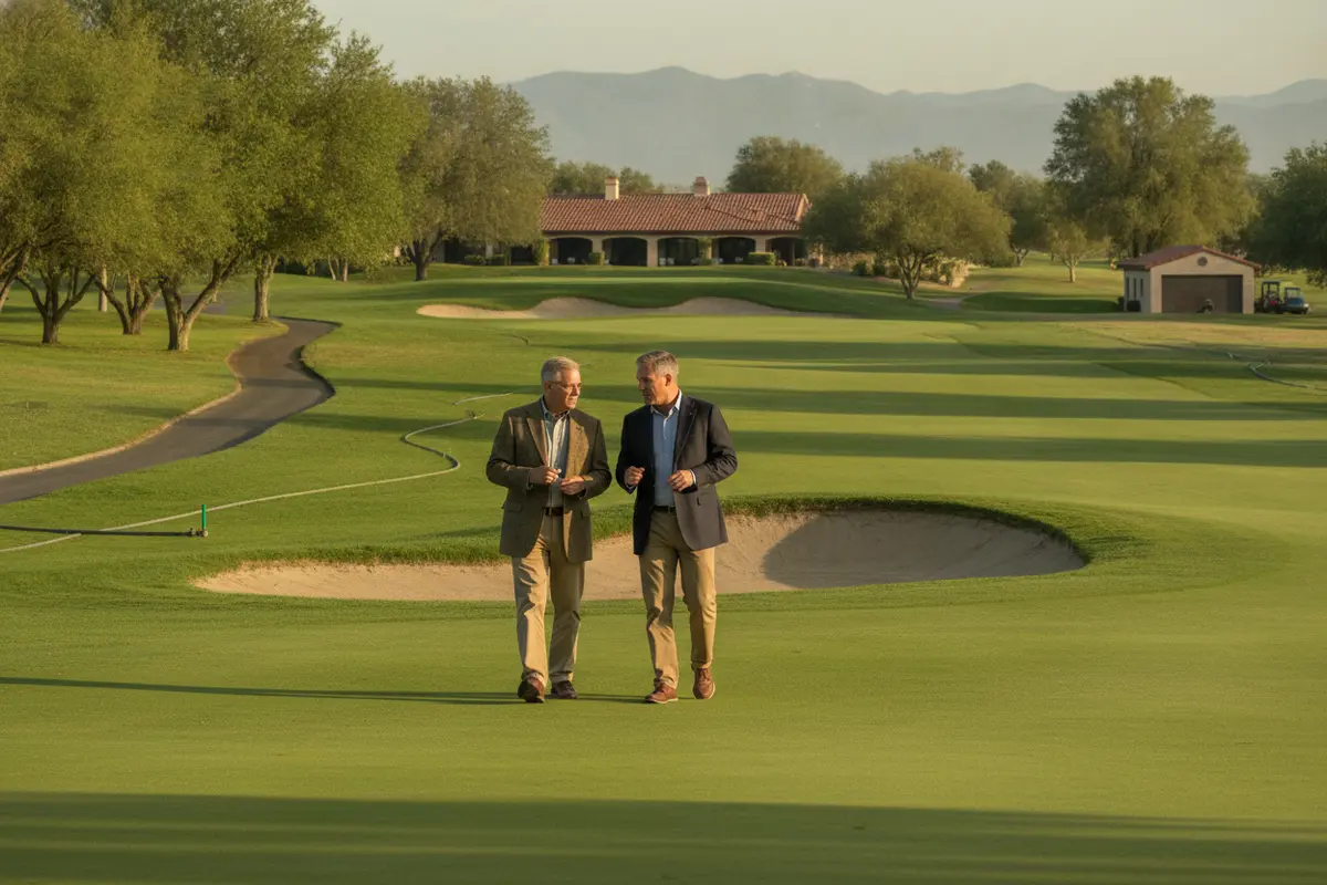 Advisor and golf course owner walking a course to review its facilities and grounds