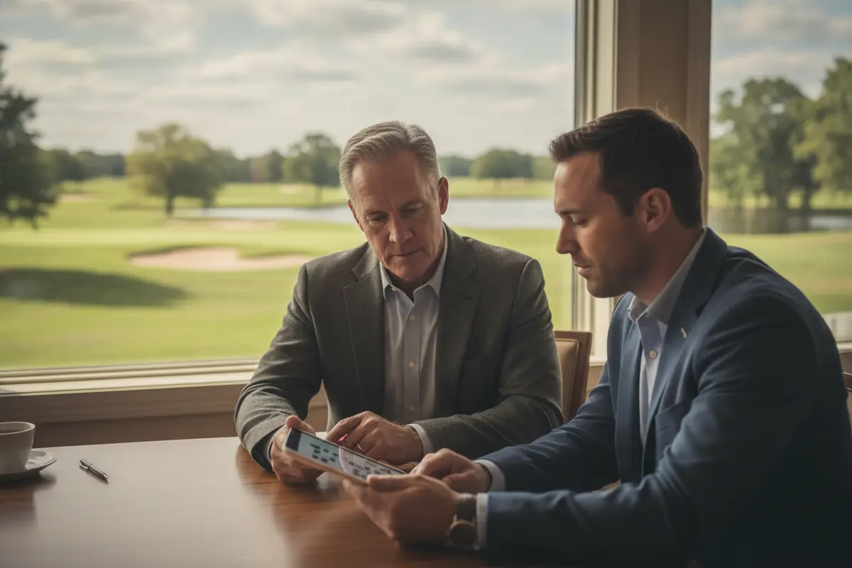 Buyer and golf course advisor reviewing possible acquisition leads on a tablet