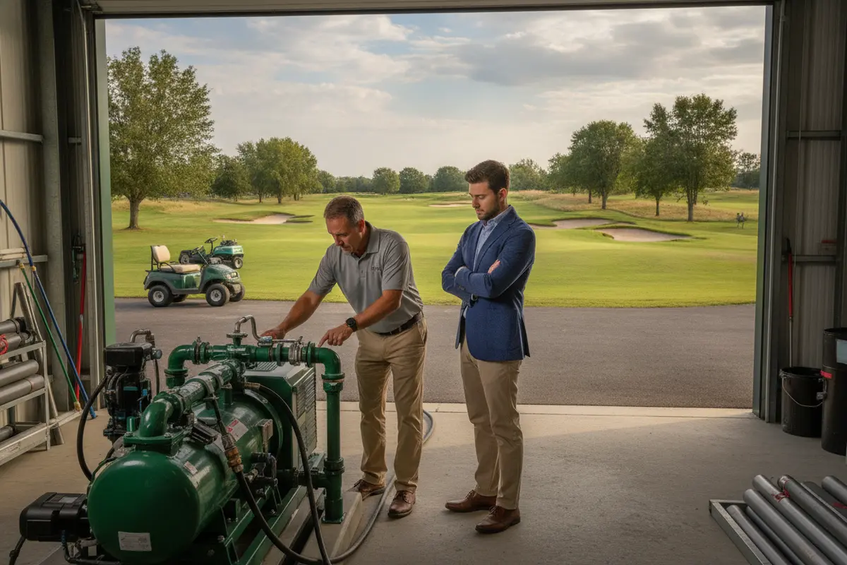 Golf course facilities and maintenance area being inspected during buyer due diligence