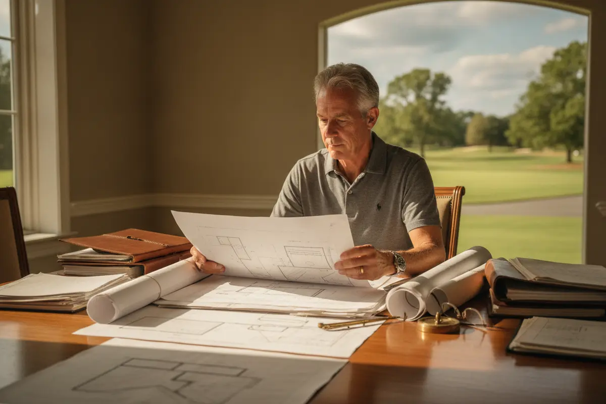 Golf course owner organizing property plans, operating records, and maintenance documents