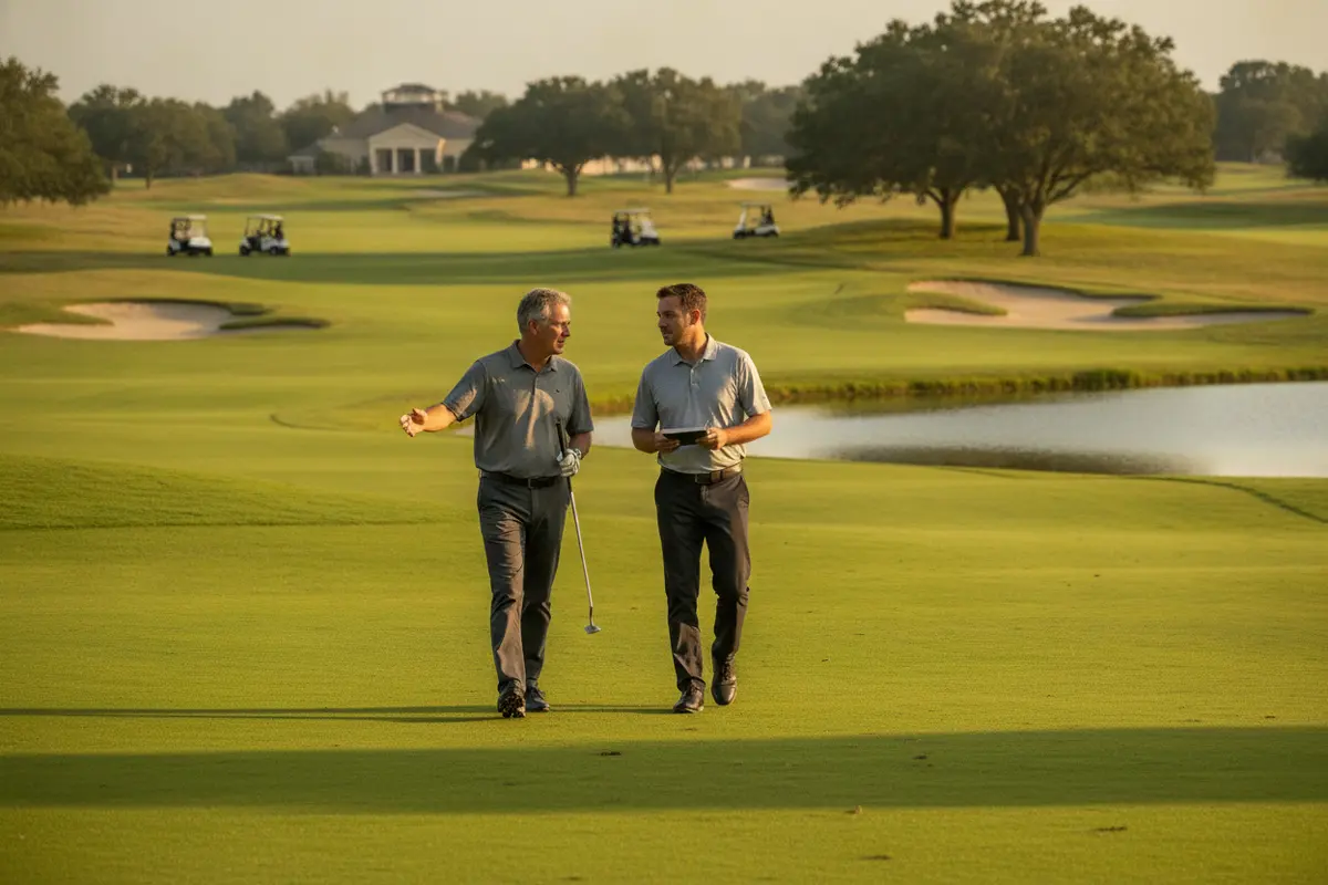 Incoming course manager and outgoing leader walking the golf property together