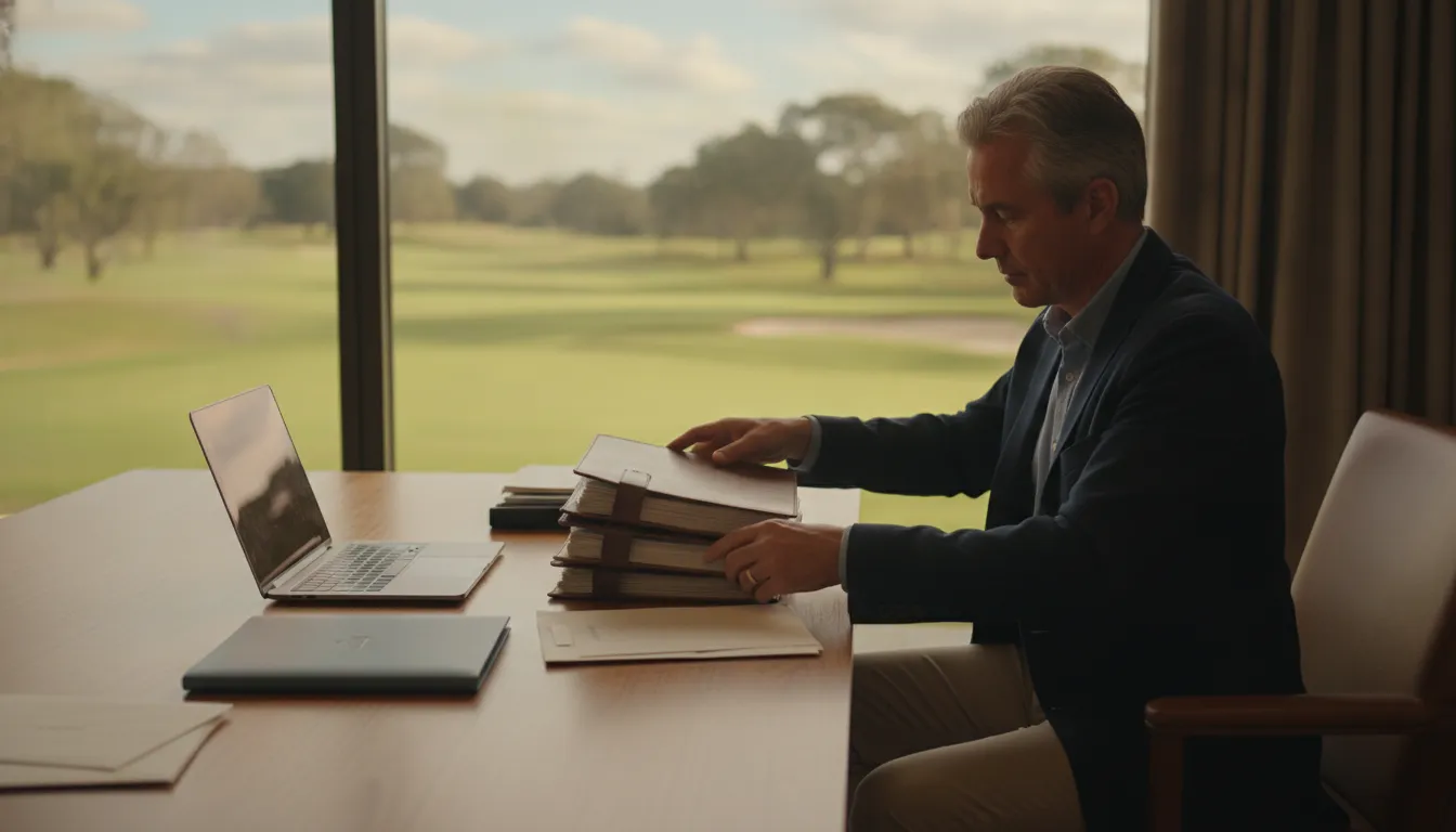 Advisors reviewing confidential golf course sale information in a private meeting