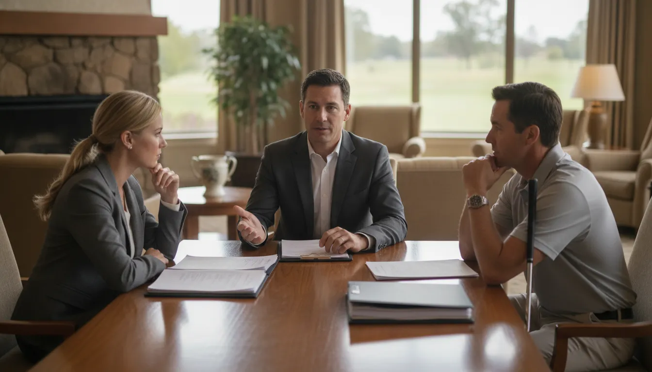 Golf course owner reviewing an offer with a transaction advisor