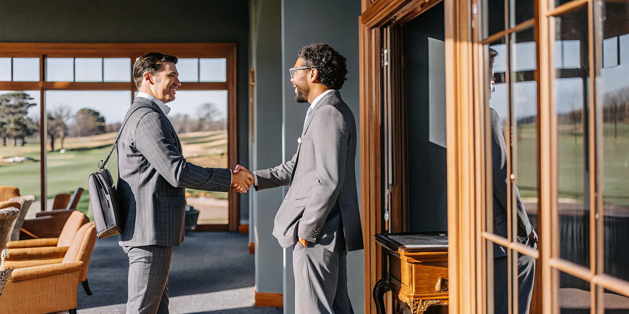 Two professionals shaking hands at a golf course clubhouse during a closing meeting