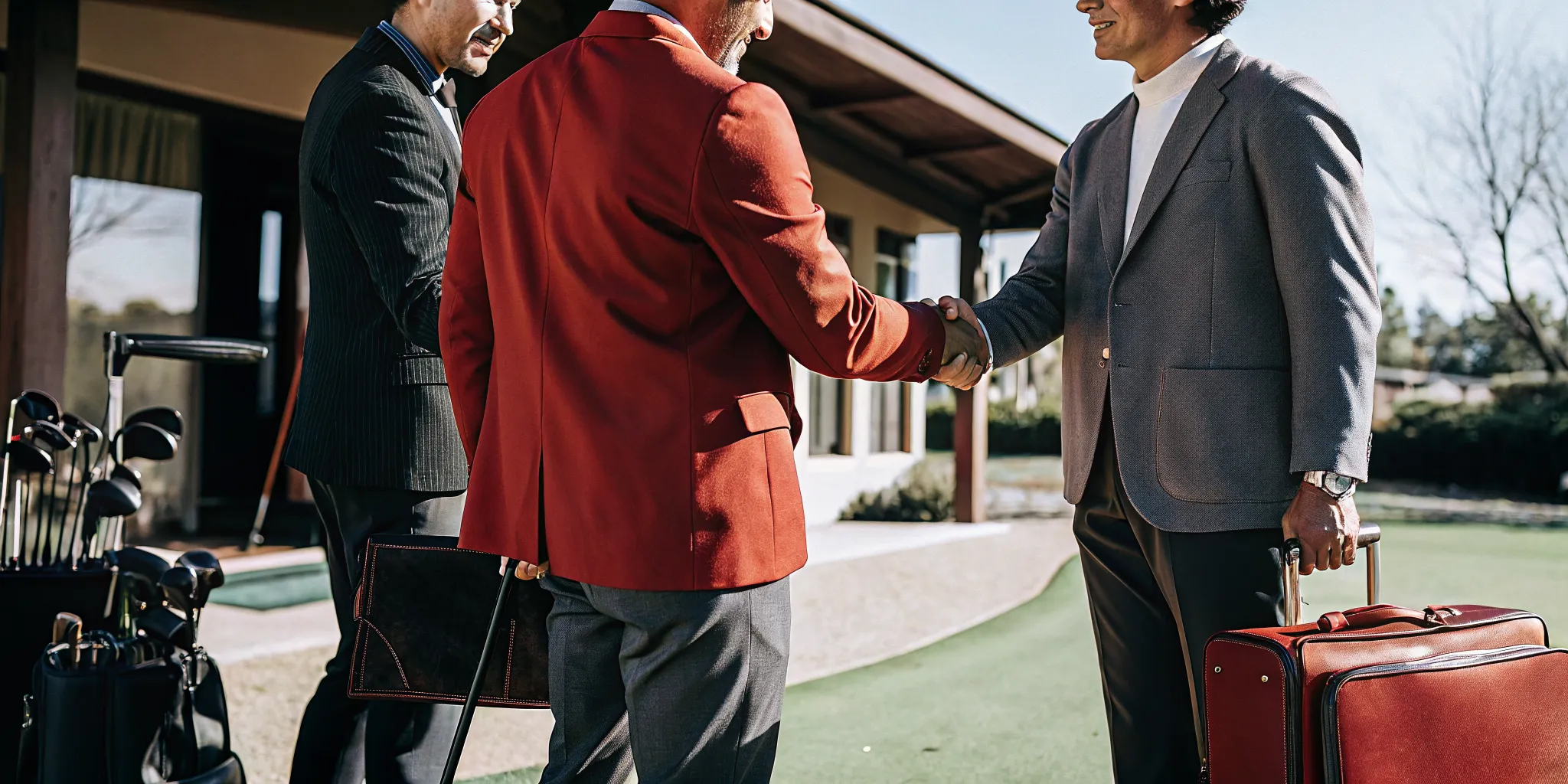 Two golf course owners shaking hands with a professional broker at a golf course with clubhouse in the background