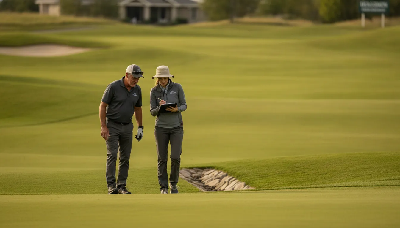 Advisor reviewing golf course conditions beside a green