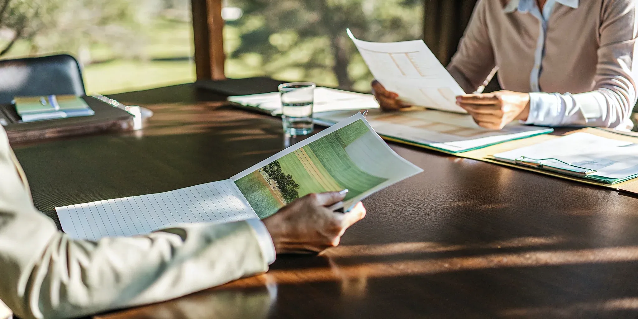 Financial documents, spreadsheets, and due diligence reports being reviewed during a golf course acquisition assessment
