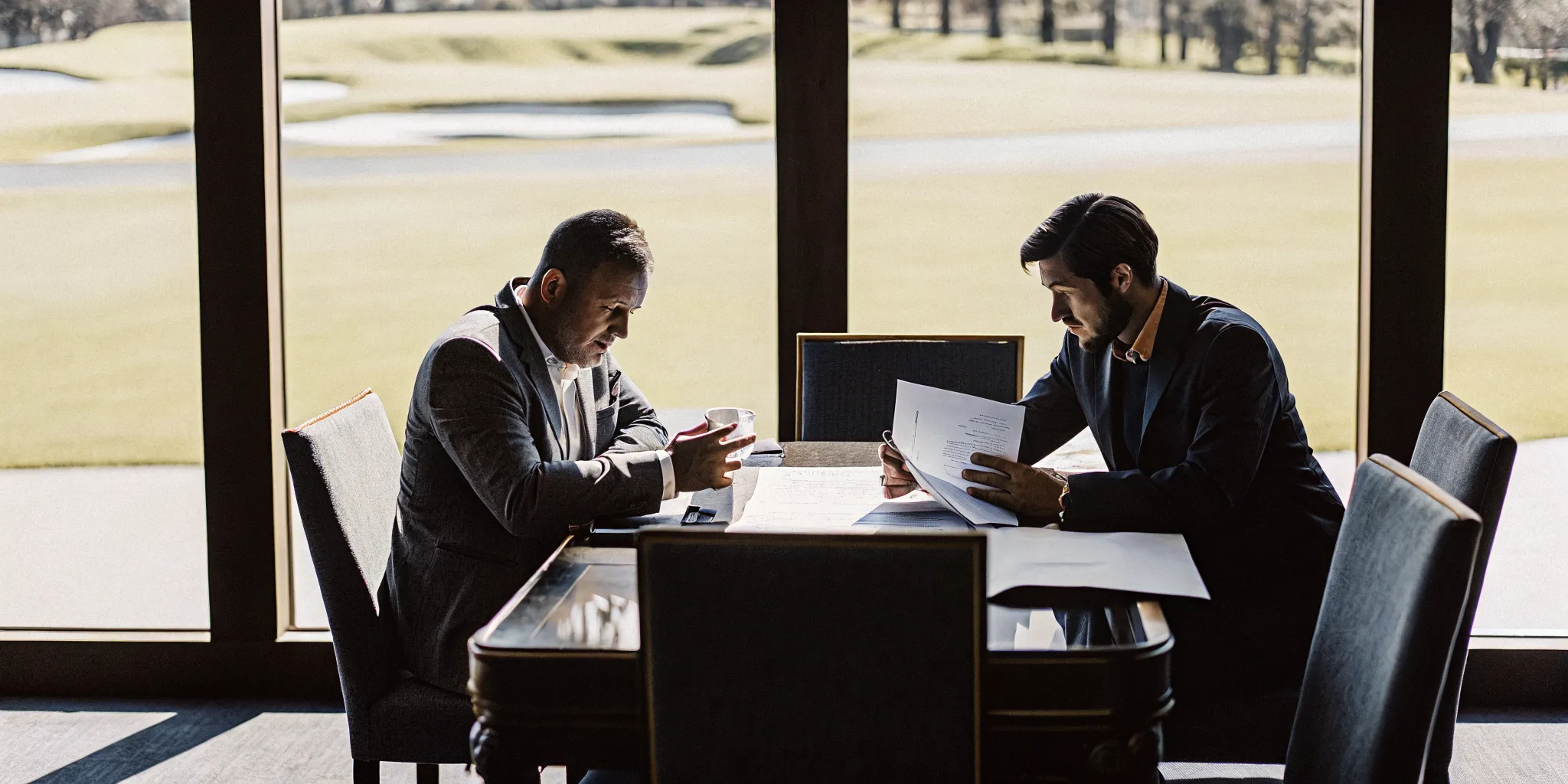 Two golf course investors reviewing financial documents at a conference table overlooking a manicured golf course