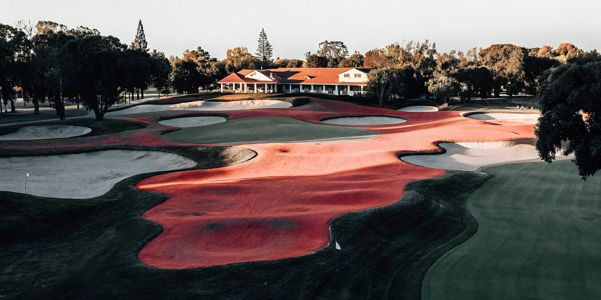 Aerial view of a championship golf course with fairways, bunkers, and clubhouse at golden hour