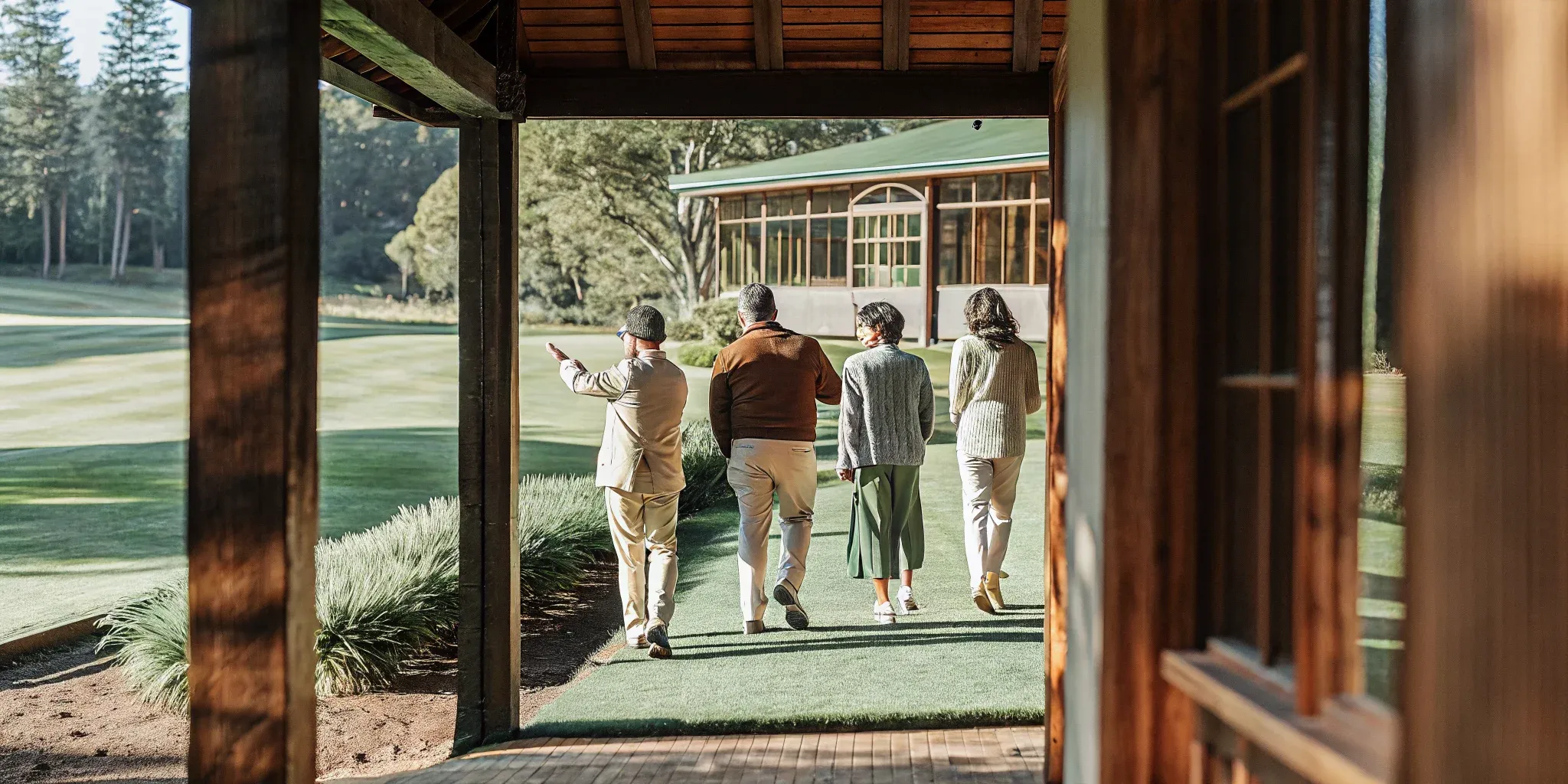 Investors touring a manicured golf course fairway during a property site visit, discussing acquisition strategy