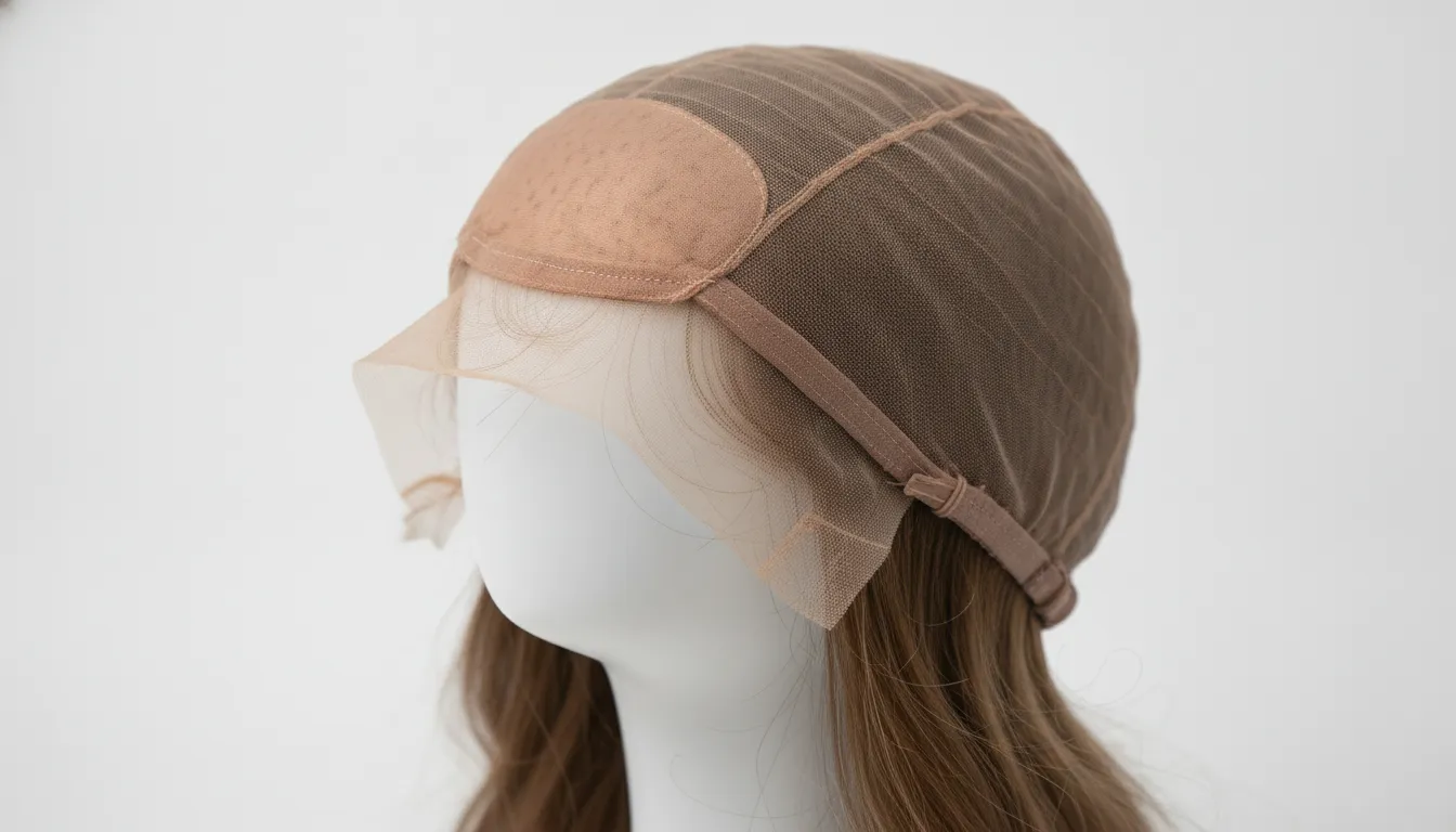 A premium medical-grade monofilament cranial prosthesis wig cap displaying a soft hand-tied base and realistic scalp top on a minimalist stand