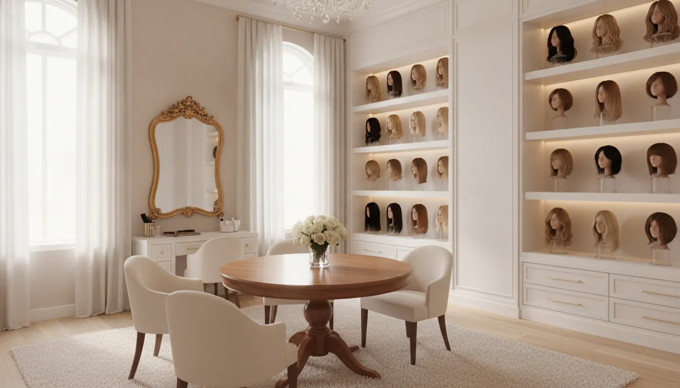 An elegant, private medical wig consultation room at NYC Medical Wigs showing luxury human hair cranial prostheses neatly displayed on shelves