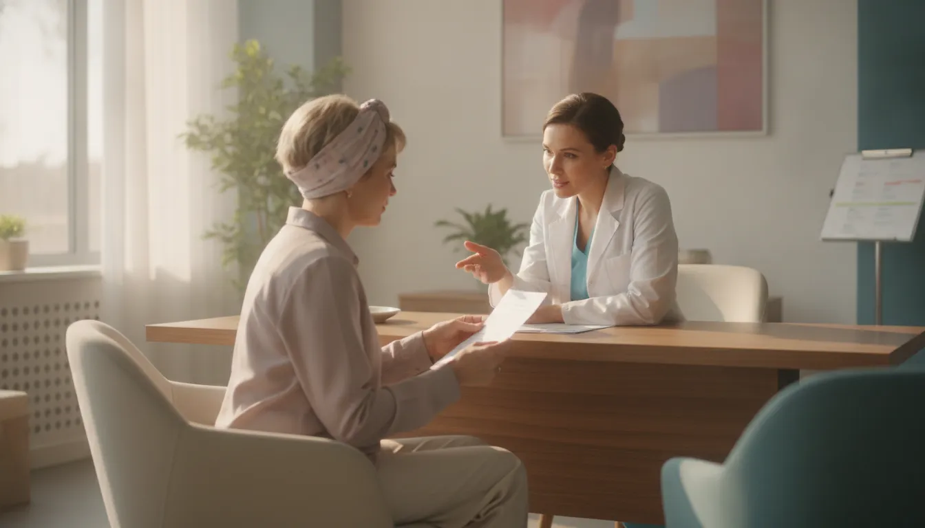 Female cancer patient speaking with her oncologist in a medical office about cranial prosthesis options