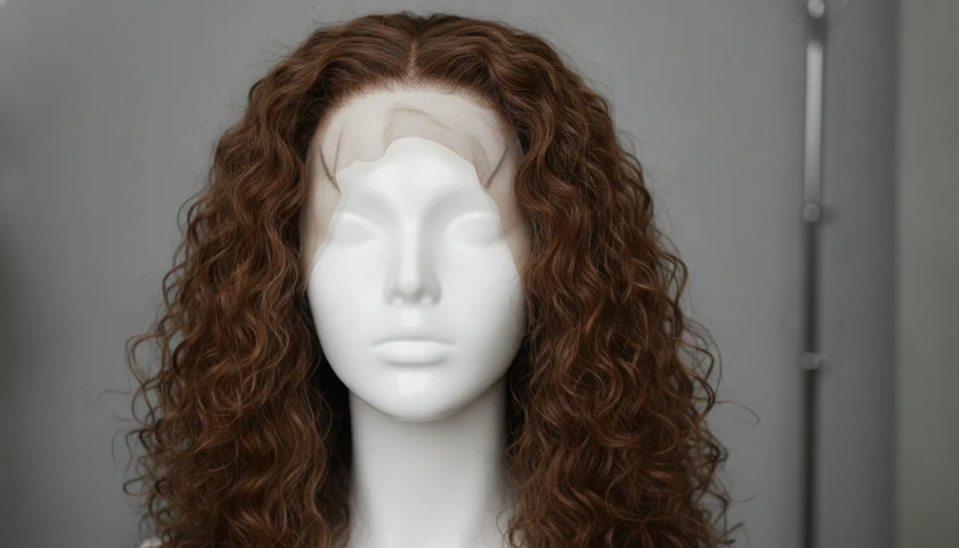 Cranial prosthesis on a display stand showing natural hair texture and lace front detail