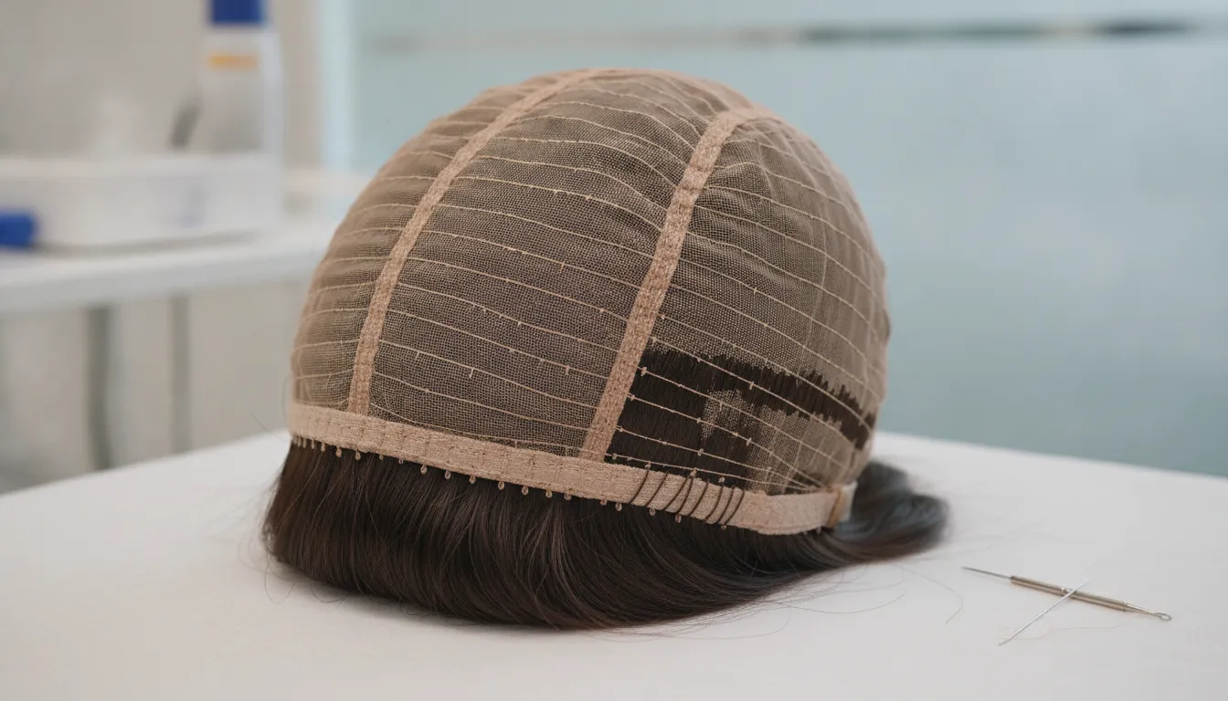 Close-up view of a premium human-hair cranial prosthesis cap showing hand-tied monofilament top ventilation and lace front construction