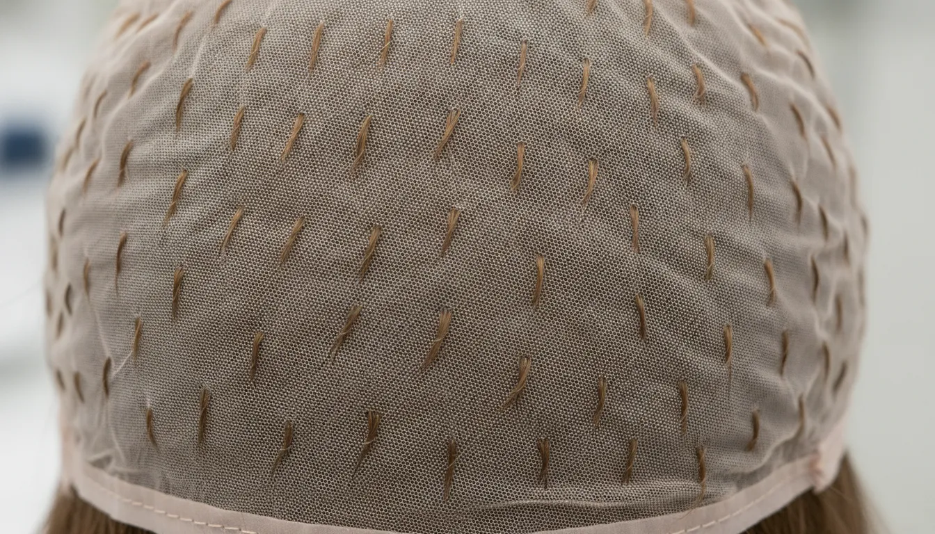 Close-up detail of hand-tied monofilament wig cap construction showing transparent mesh and hand-tied knots