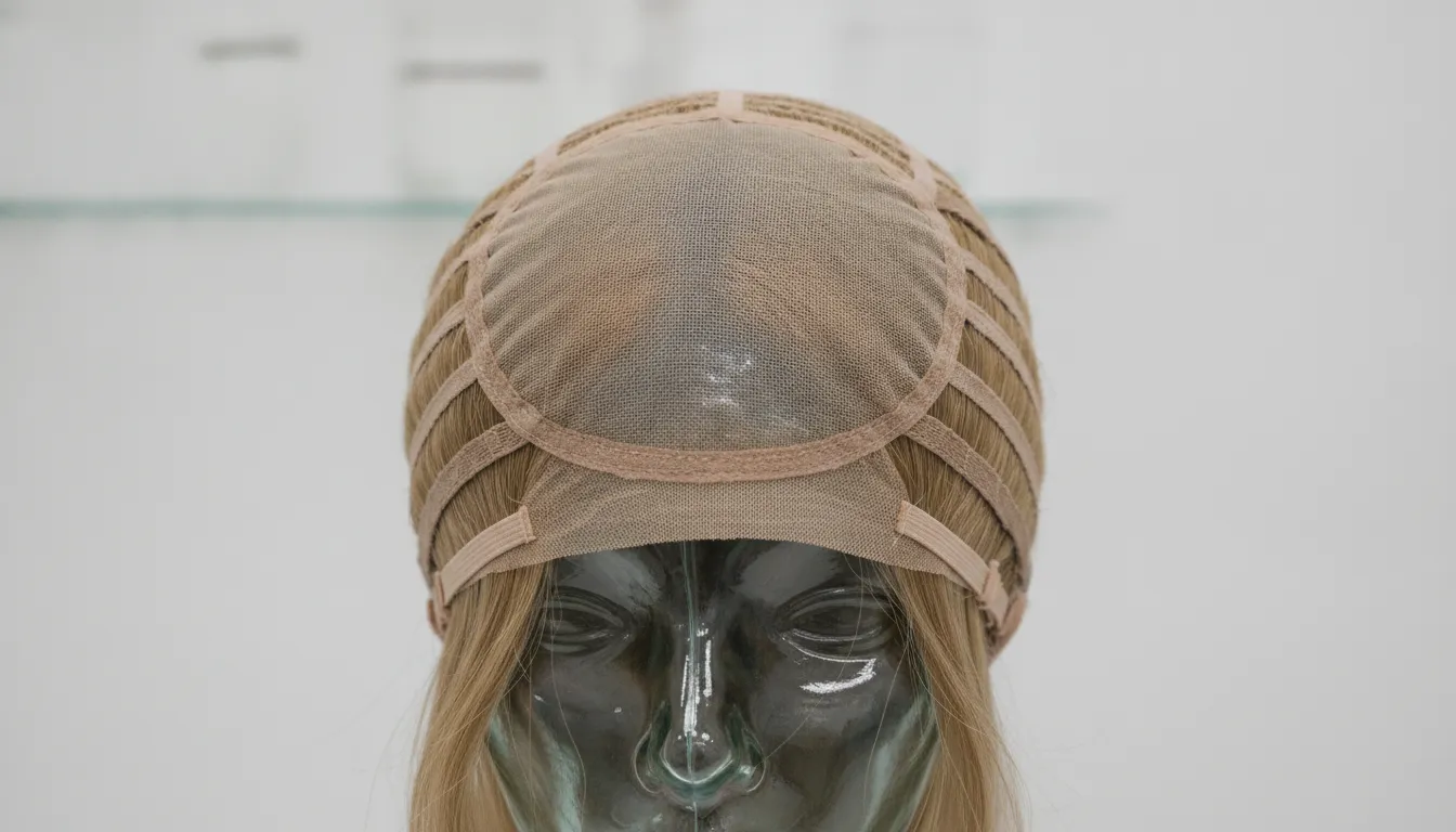 Medical wig cap with monofilament top and hand-tied backing on a display stand showing construction details