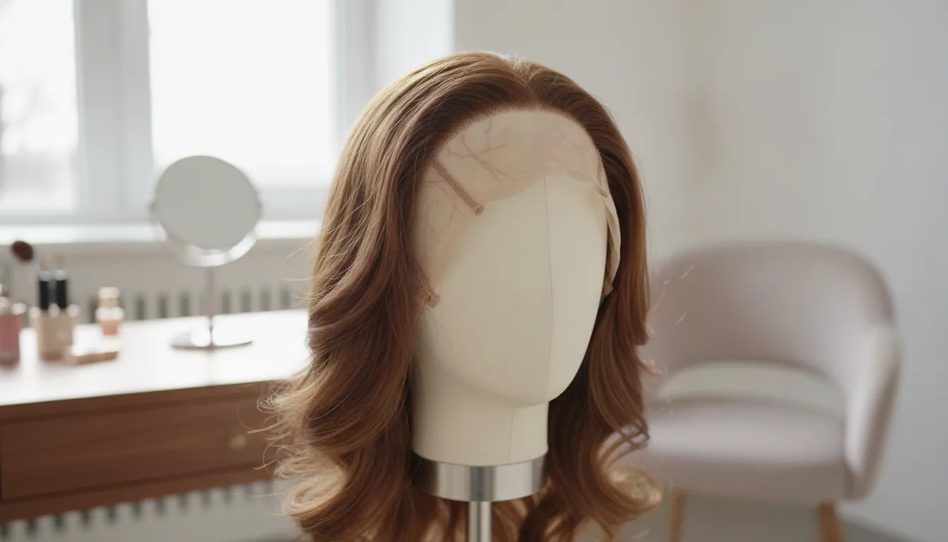Close-up view of a lace front medical wig cap showing hand-tied hair strands and a realistic scalp appearance