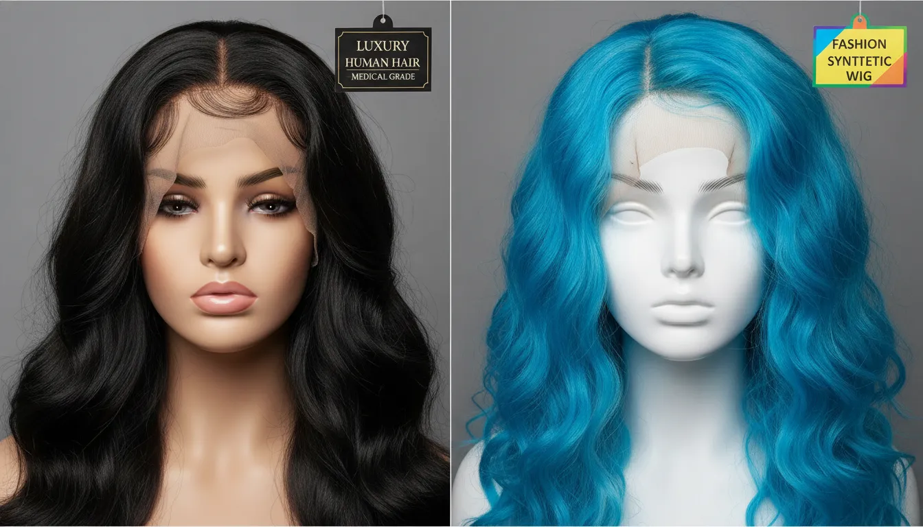 Side-by-side comparison of a luxury human hair medical wig with lace front and a standard synthetic wig