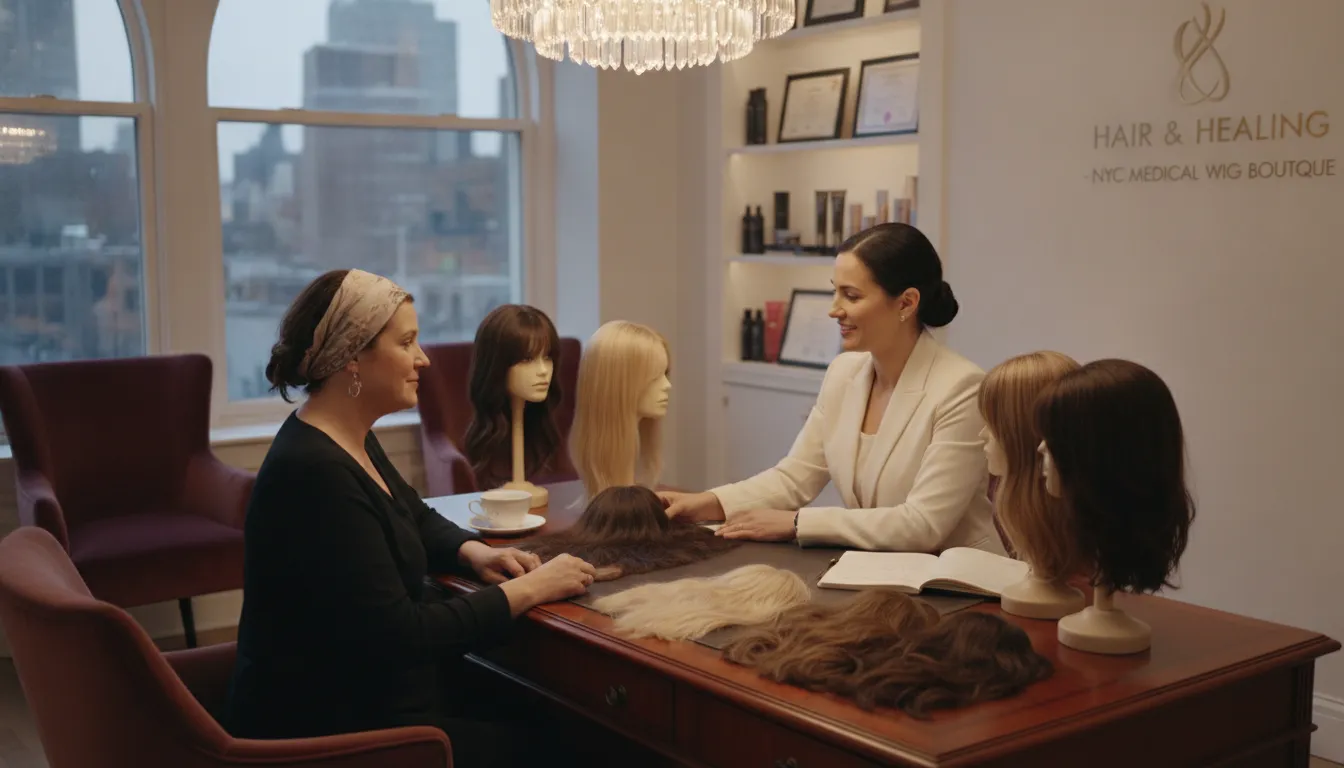 Private consultation room at NYC Medical Wigs with cranial prosthesis specialist and patient reviewing wig options together